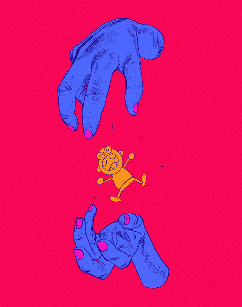 Large, blue, disembodied hands materialise a small being