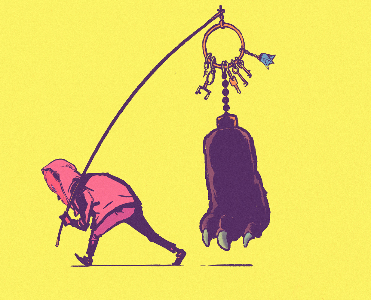 A man is carrying a large creature's severed foot on a pole like a lucky charm